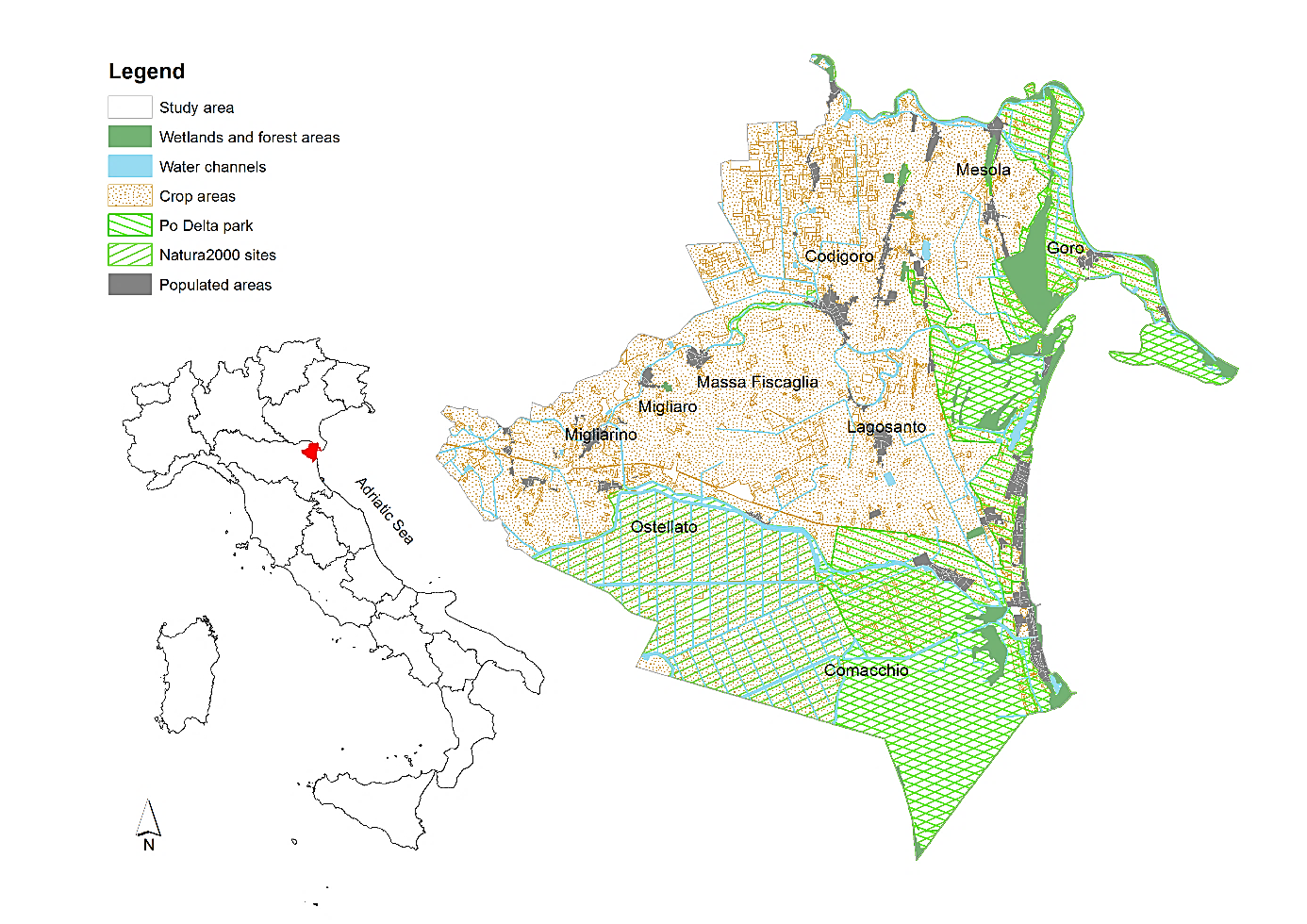 Location and main landscape composition of the eastern lowlands of Ferrara, northeast Emilia-Romagna